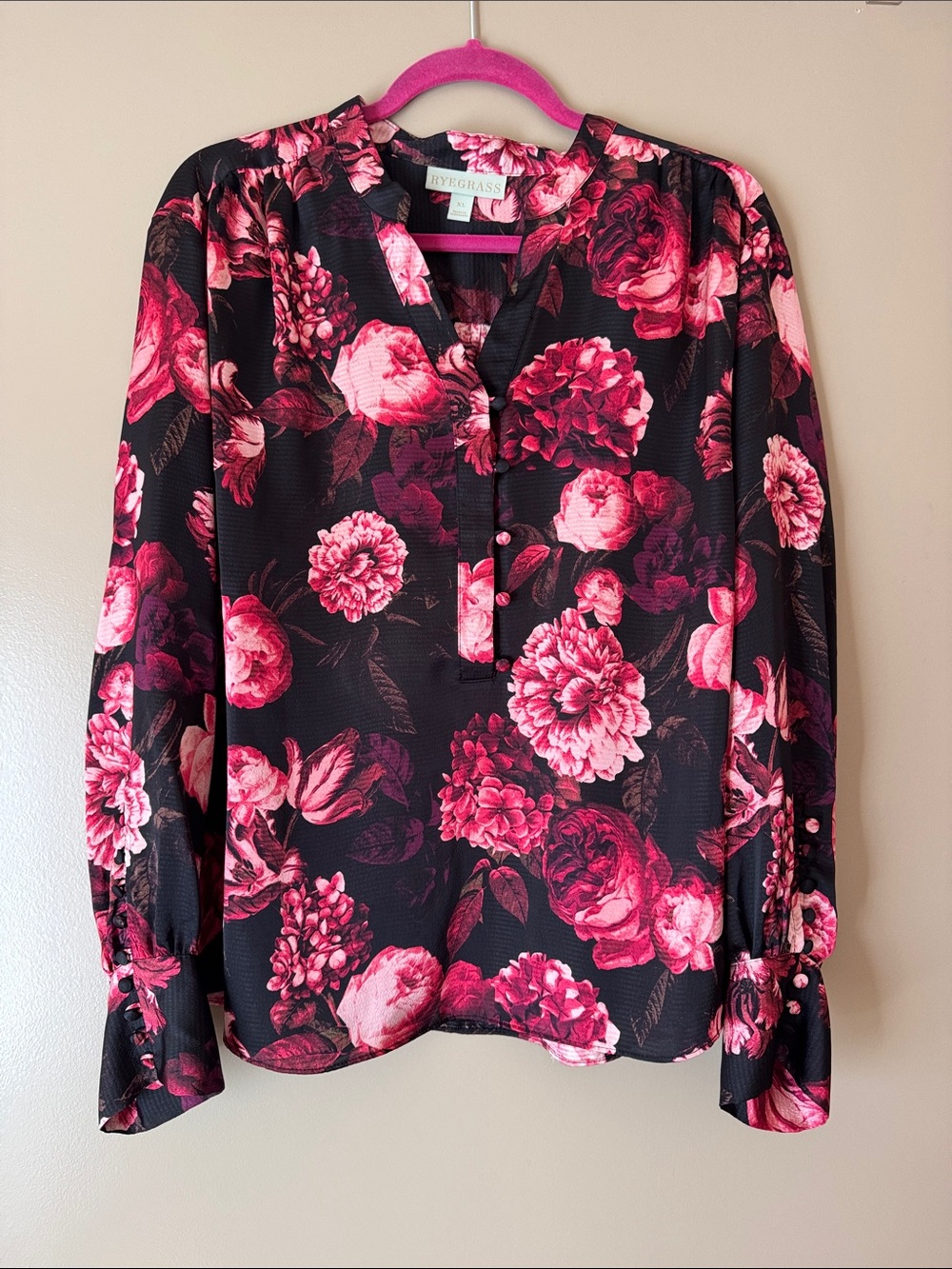 Ryegrass Pink Floral V-Neck Blouse on Black